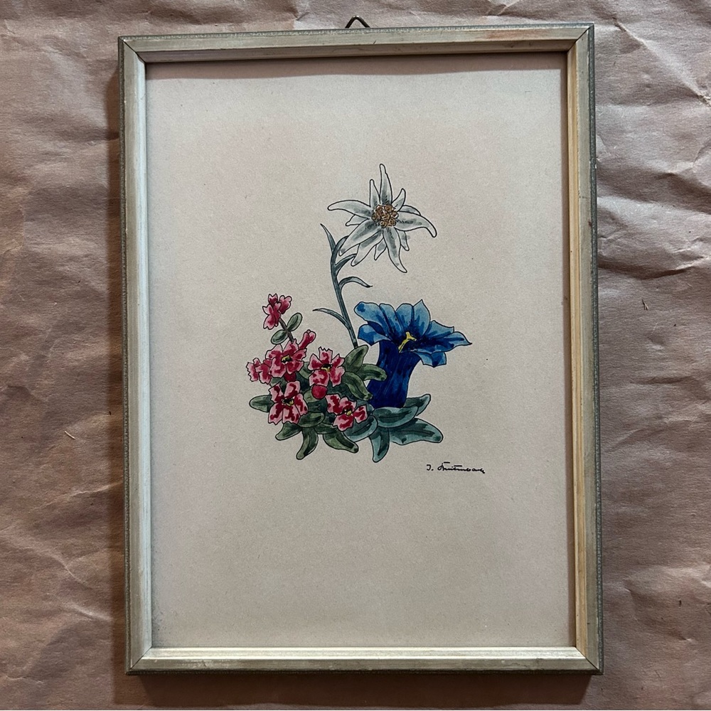 Framed floral print under glass signed